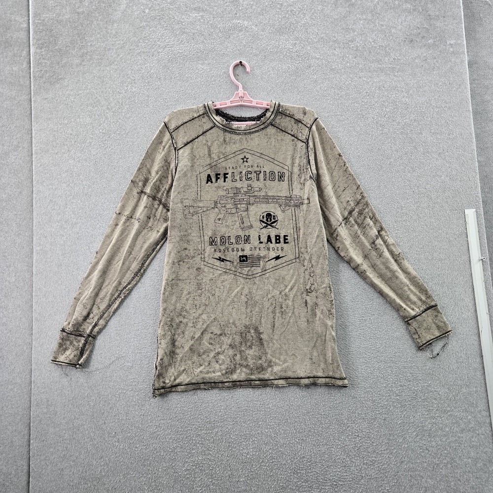 Affliction Men Shirt L Gray Defender Molon Labe Thermal Reversible Gun USA